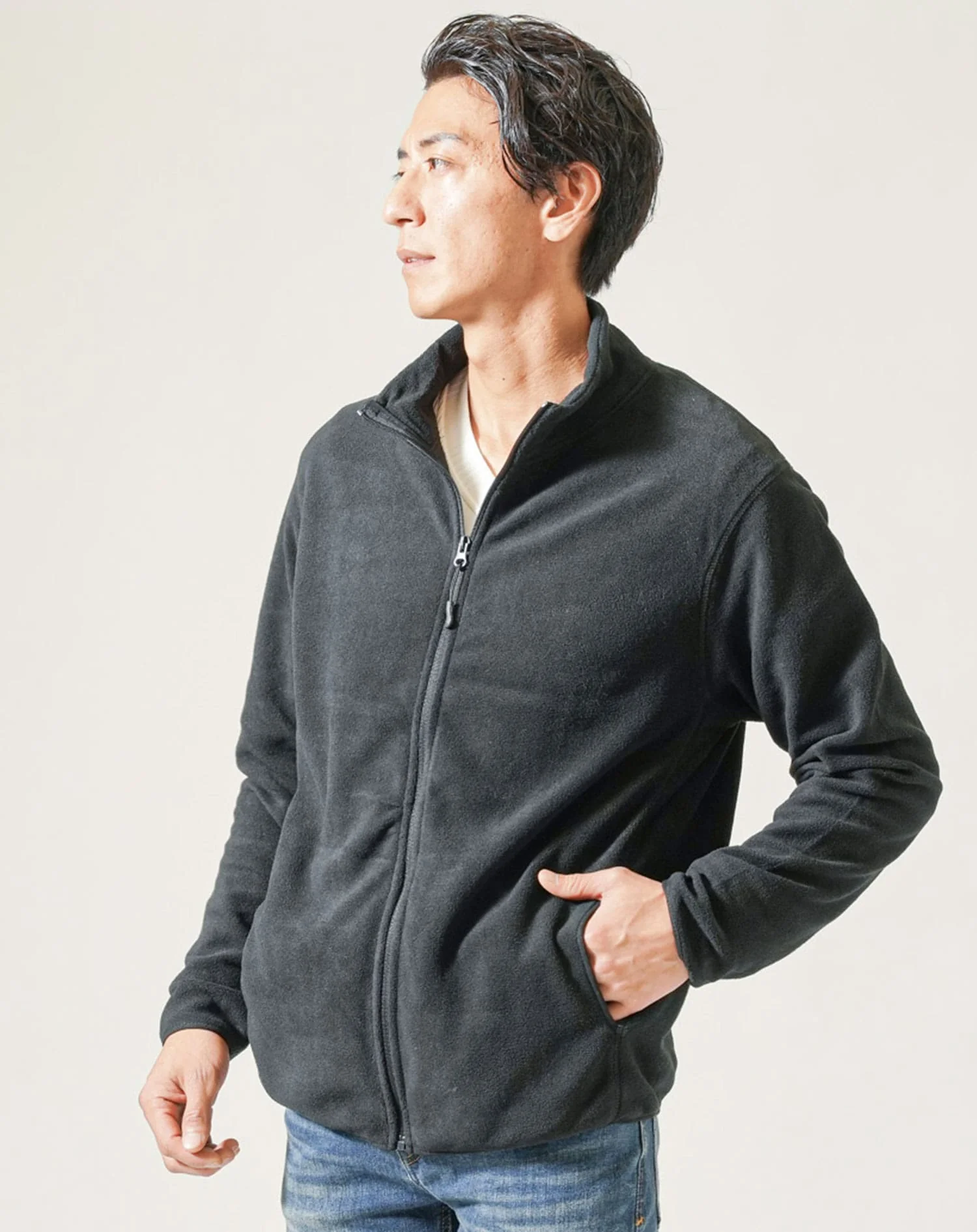 フリース素材スタンドカラージップアップ長袖ブルゾンジャケット - Image 3