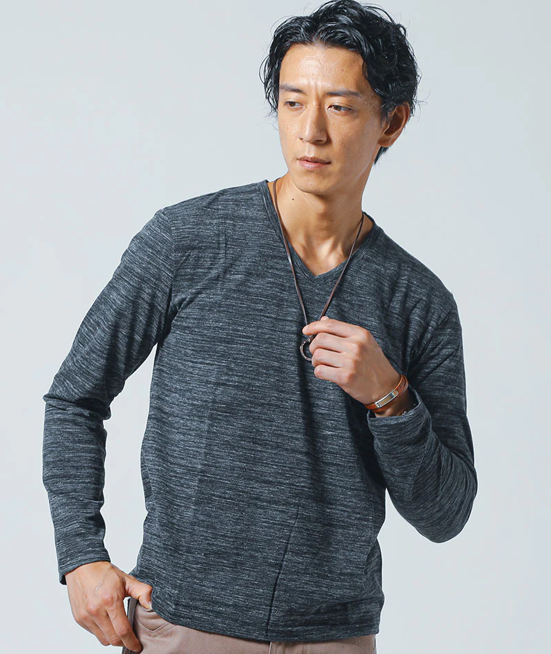 杢天竺素材Vネック長袖Tシャツ - Image 13