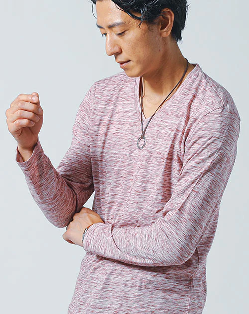 杢天竺素材Vネック長袖Tシャツ - Image 4