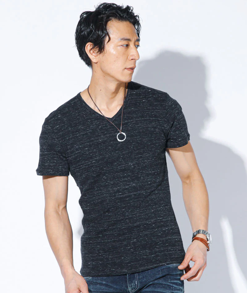 杢デザインVネック半袖コットンＴシャツ - Image 10