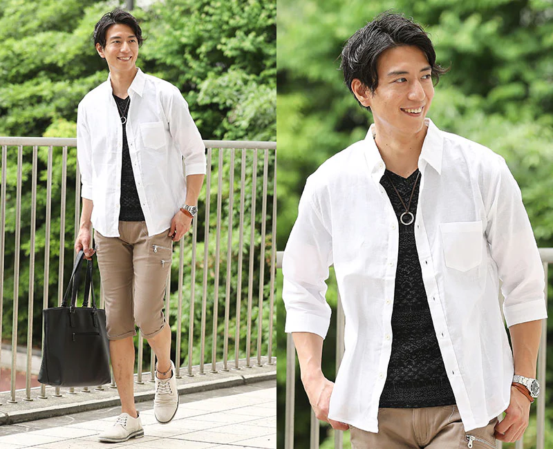 綿麻素材ストレッチ７分袖シャツ - Image 38