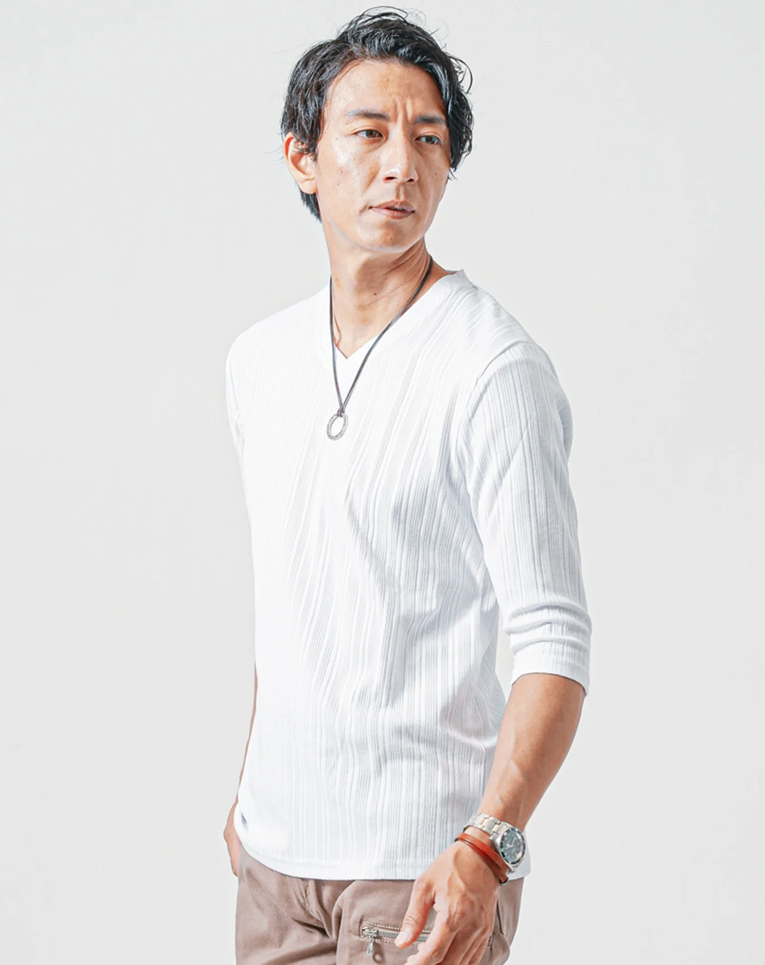 ランダムテレコ素材7分袖VネックTシャツ - Image 5