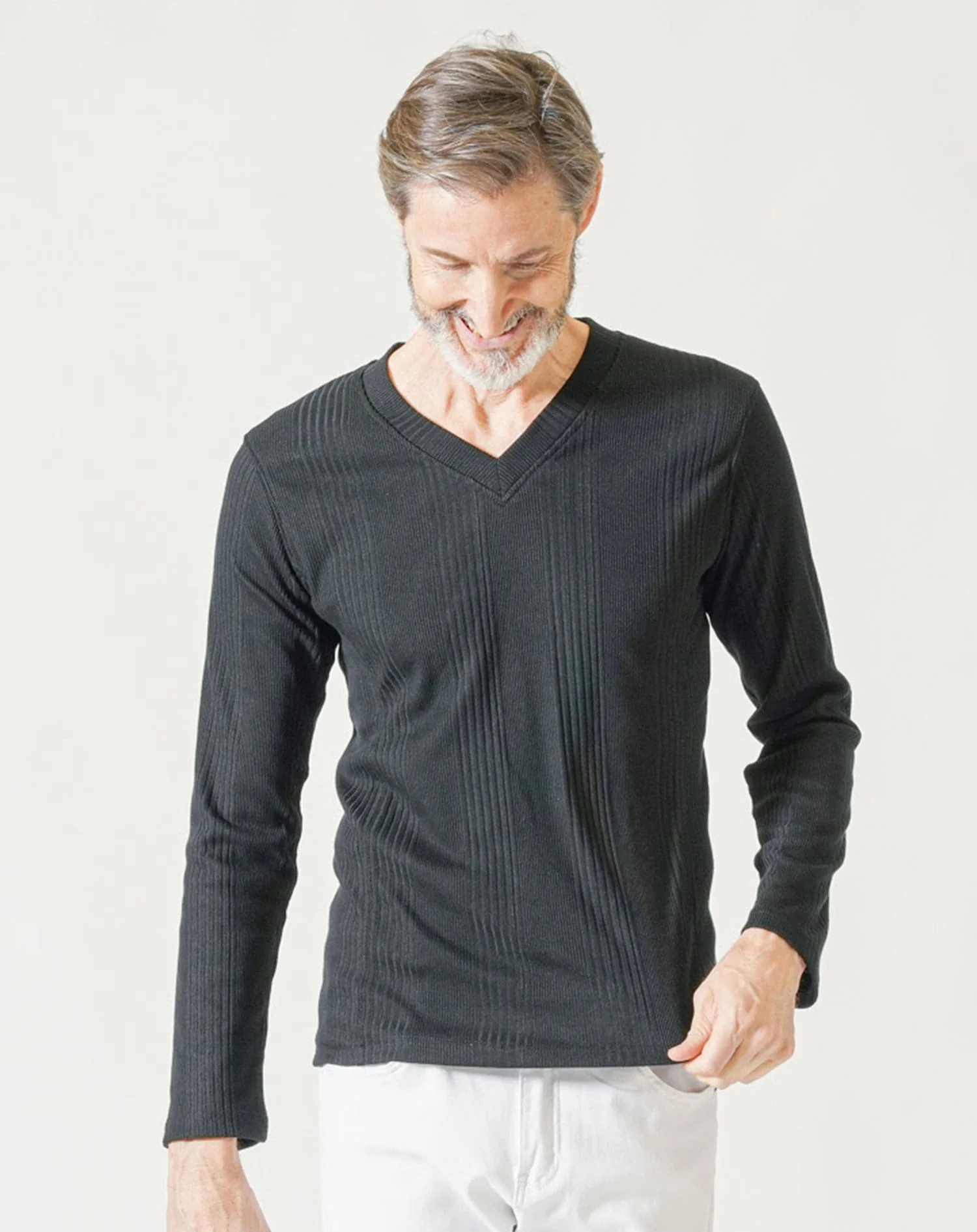 50代60代向け ランダムテレコ編みVネック長袖Tシャツ - Image 15
