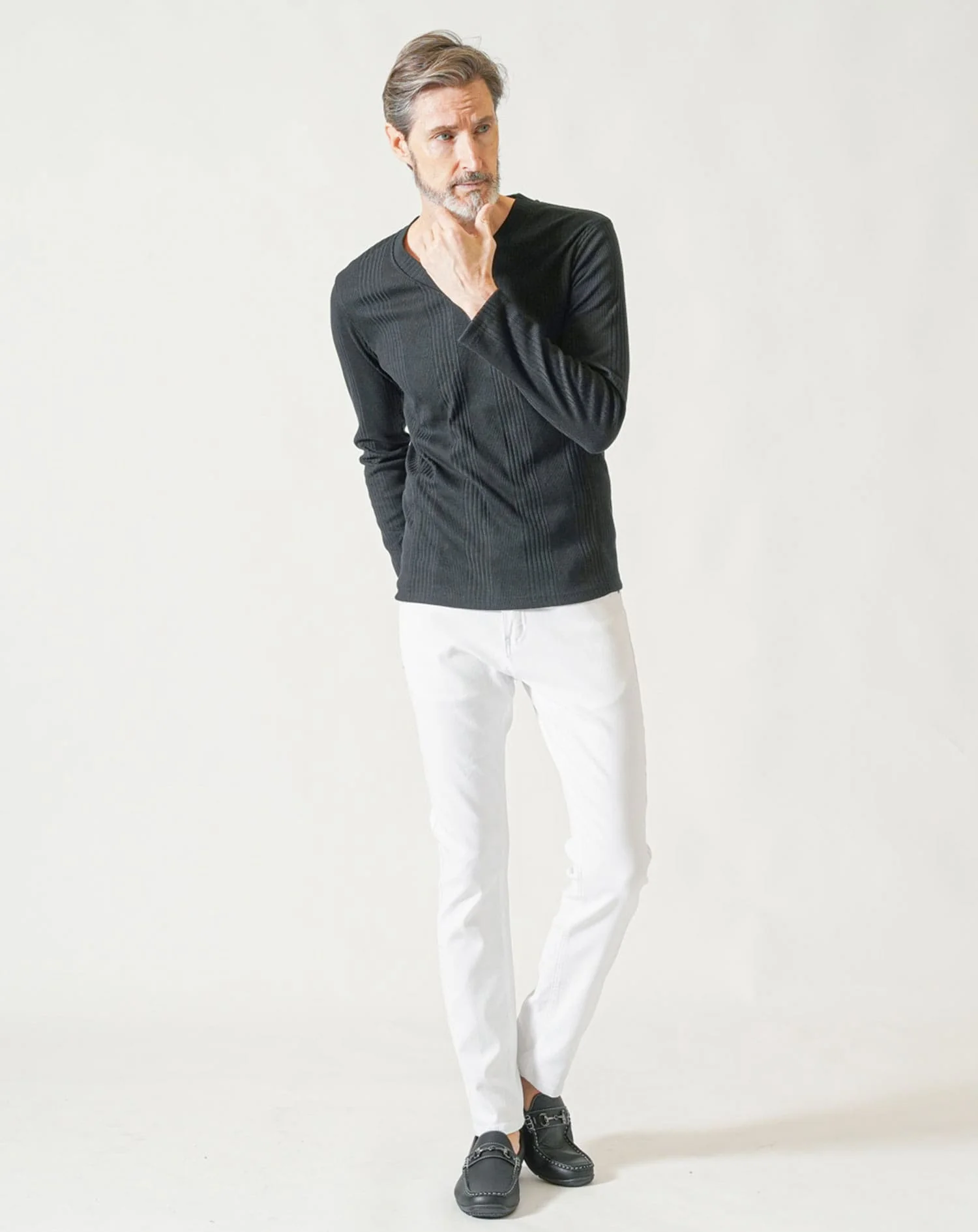 50代60代向け ランダムテレコ編みVネック長袖Tシャツ - Image 16