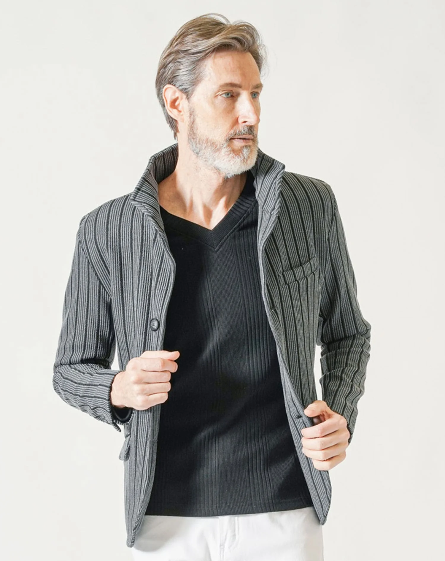 50代・60代向け  膨れストライプワイヤー入り長袖イタリアンスタンドカラージャケット - Image 6