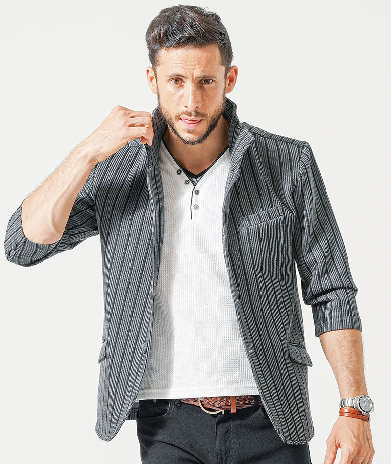 60代メンズ3点コーデセット グレー7分袖ジャケット×白半袖Tシャツ×黒ストレッチチノパンツ - Image 12