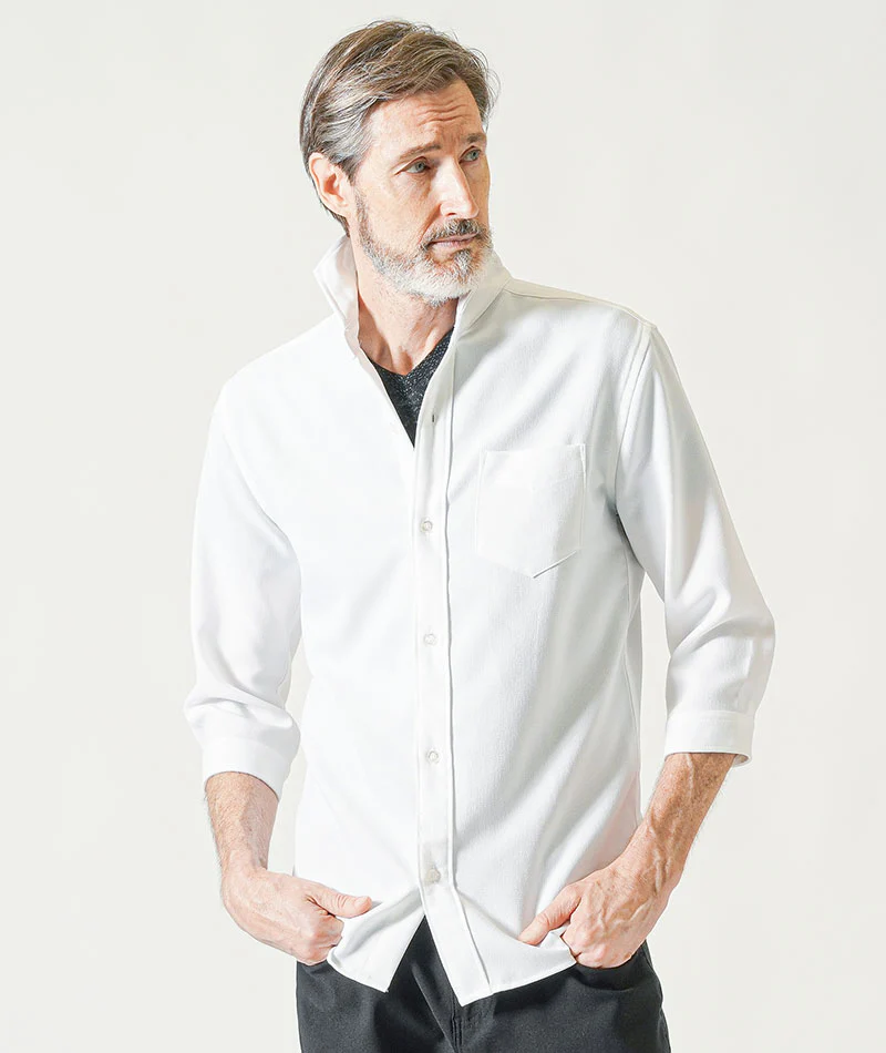 60代メンズ夏の3点コーデセット 白7分袖シャツ×黒半袖Tシャツ×黒アンクルチノパンツ - Image 6