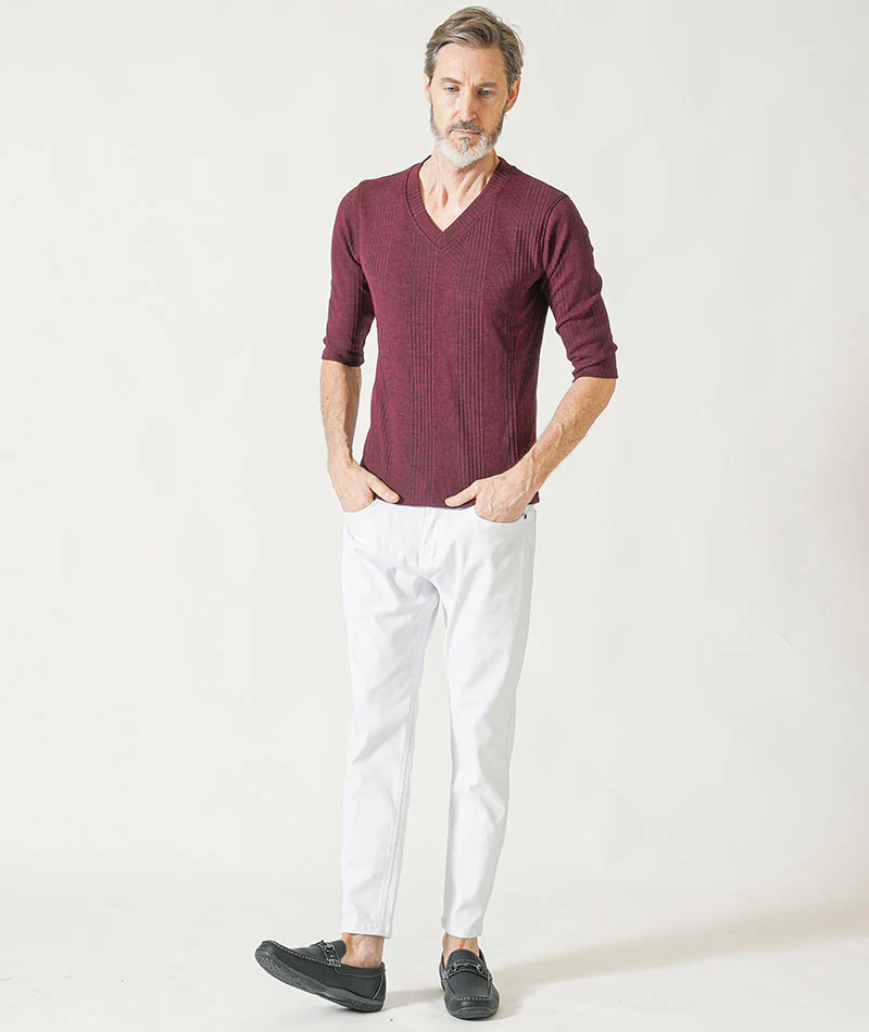 60代メンズ夏の3点コーデセット 黒7分袖シャツ×ワイン7分袖Tシャツ×白アンクルチノパンツ - Image 11