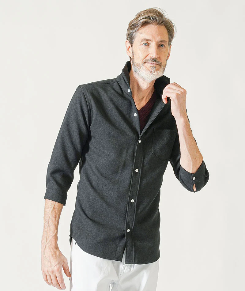 60代メンズ夏の3点コーデセット 黒7分袖シャツ×ワイン7分袖Tシャツ×白アンクルチノパンツ - Image 12
