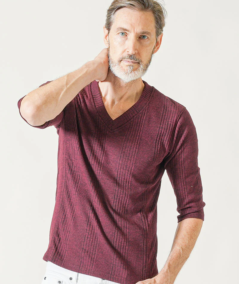 60代メンズ夏の3点コーデセット 黒7分袖シャツ×ワイン7分袖Tシャツ×白アンクルチノパンツ - Image 7