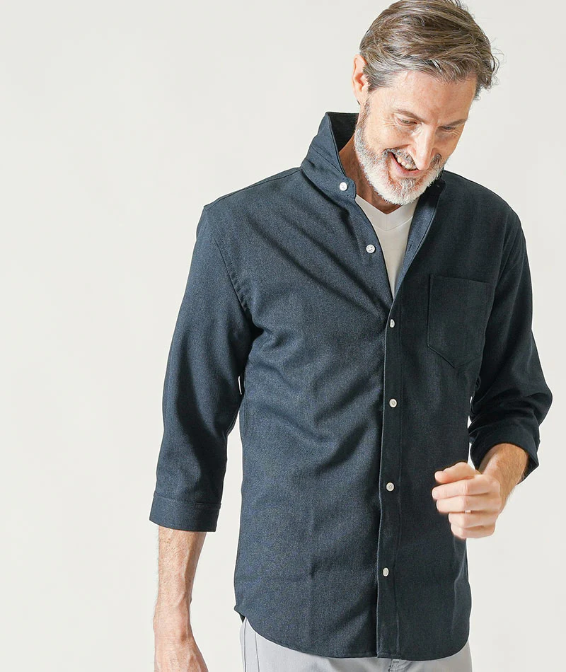 60代メンズ夏の3点コーデセット ネイビー7分袖シャツ×白半袖VネックTシャツ×グレーストレッチチノパンツ - Image 6