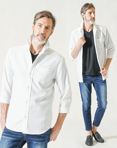 60代メンズ夏の3点コーデセット 白7分袖シャツ×黒半袖VネックTシャツ×インディゴアンクルデニムパンツ - Image 2