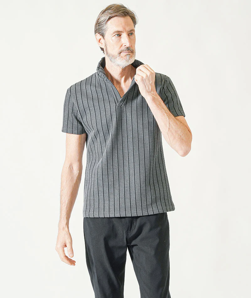 60代メンズ夏の3点コーデセット 白7分袖シャツ×グレー半袖ポロシャツ×黒ストレッチチノパンツ - Image 10