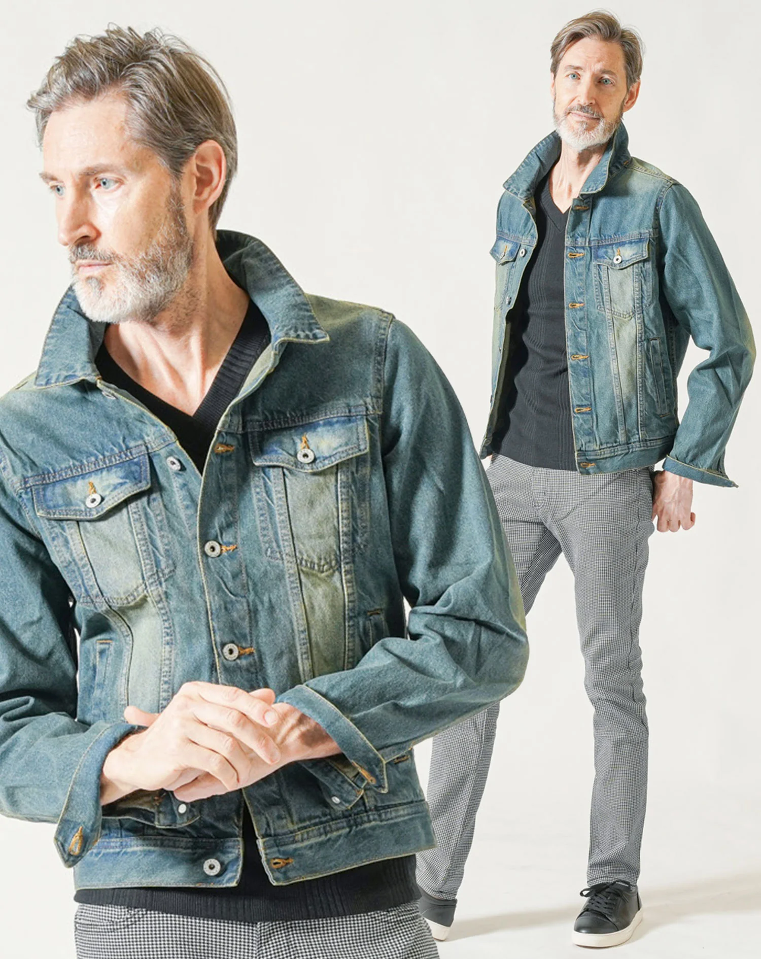 60代メンズ3点コーデセット ネイビーデニムジャケット×黒長袖VネックTシャツ×千鳥柄ストレッチテーパードチノパンツ - Image 2