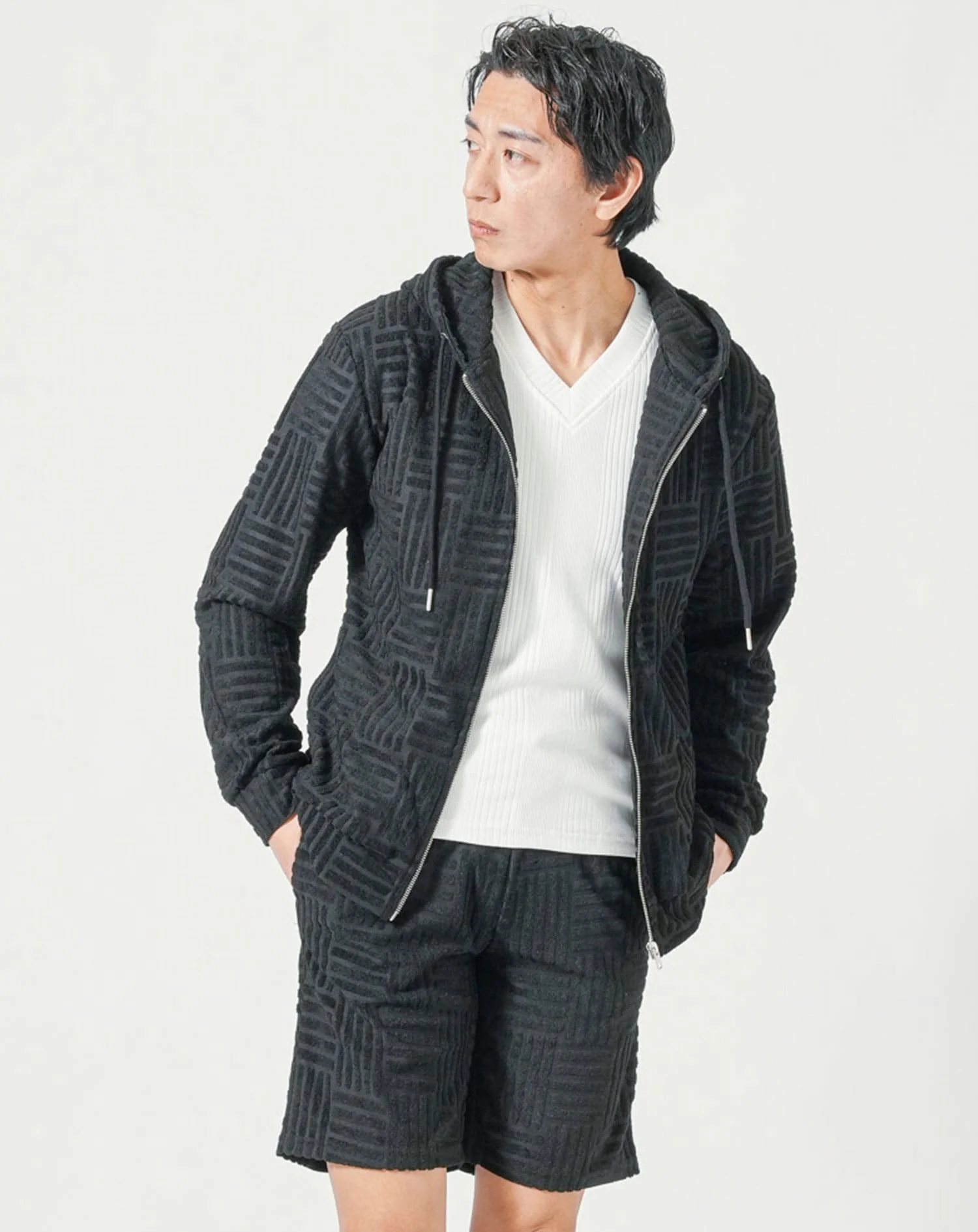 総柄セットアップ　パイルジャガード長袖ジップアップパーカー×ハーフパンツ - Image 6