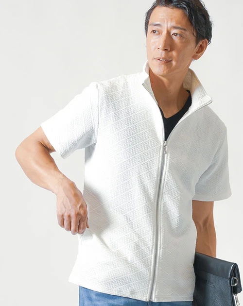 ブロックダイヤ柄ジップアップ半袖ブルゾンジャケット - Image 3