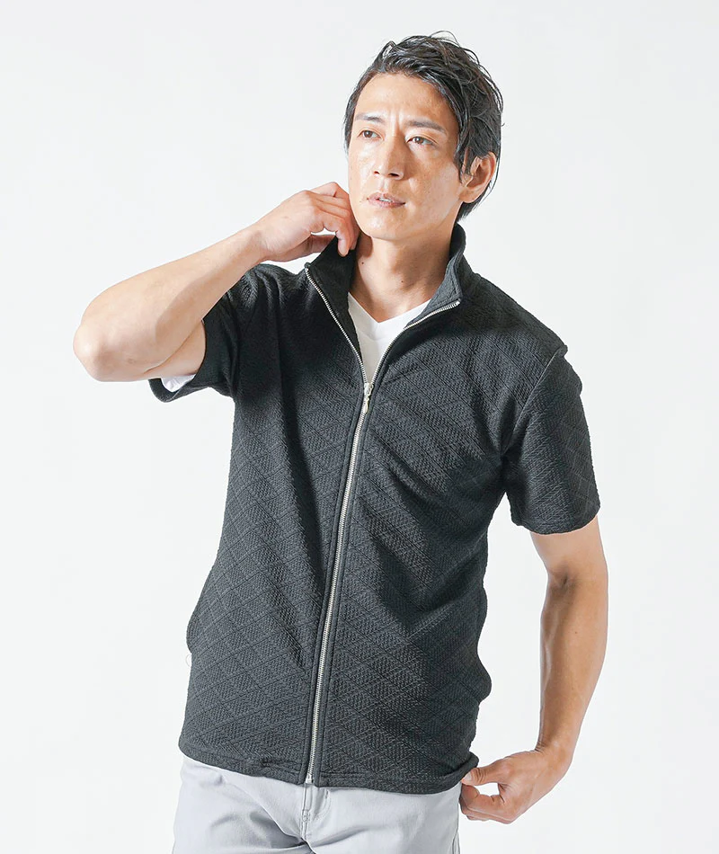 ブロックダイヤ柄ジップアップ半袖ブルゾンジャケット - Image 4