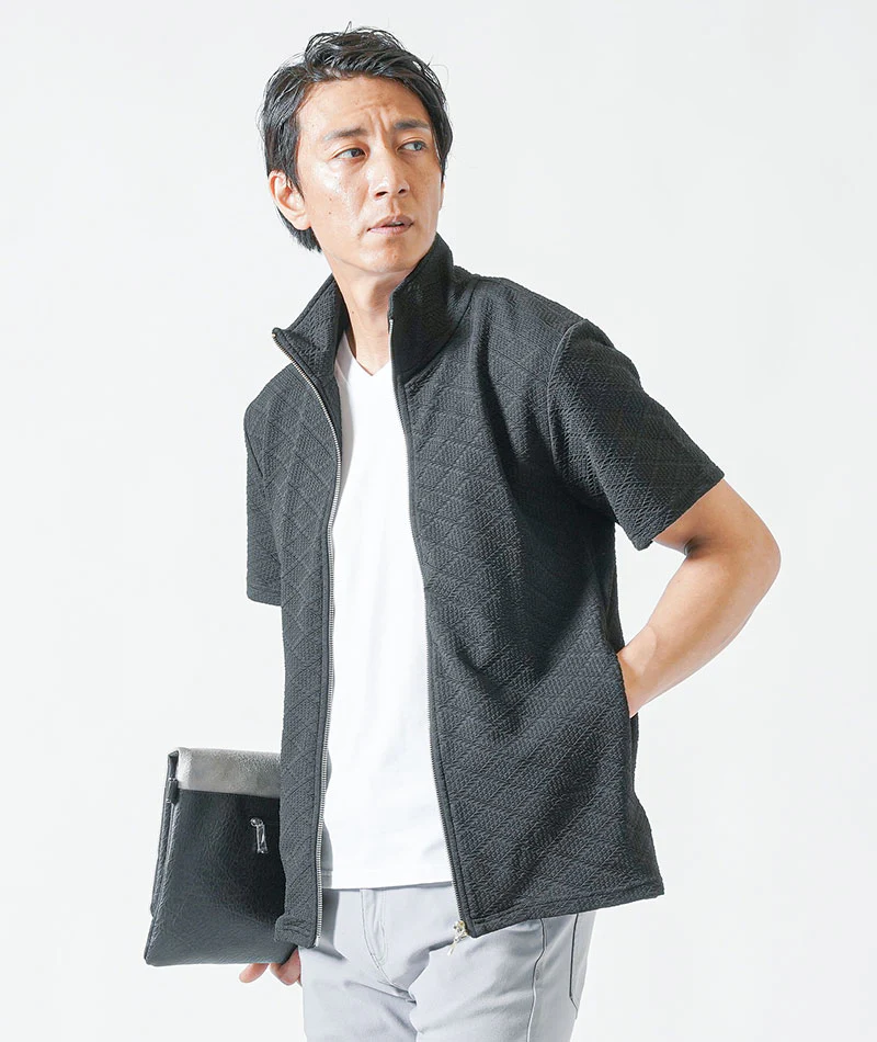 ブロックダイヤ柄ジップアップ半袖ブルゾンジャケット - Image 8