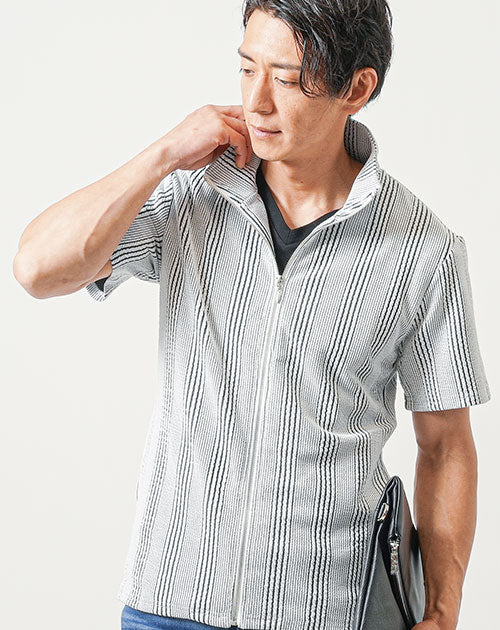 膨れストライプストレッチ半袖ブルゾンジャケット - Image 2