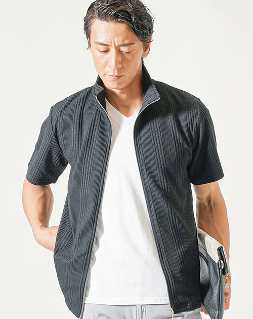 膨れストライプストレッチ半袖ブルゾンジャケット - Image 3