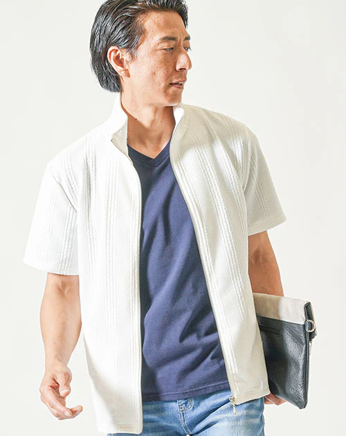 膨れストライプストレッチ半袖ブルゾンジャケット - Image 4