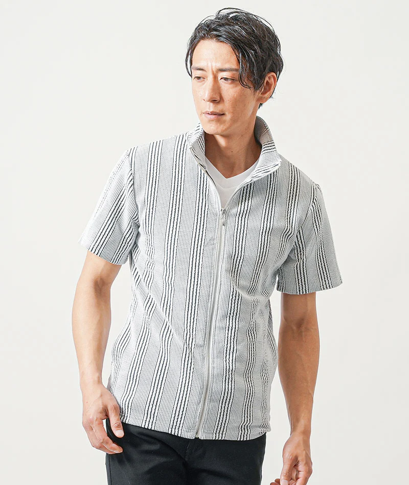 膨れストライプストレッチ半袖ブルゾンジャケット - Image 5