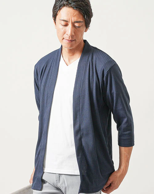 膨れストライプ夏薄手7分袖ボタンレスセミロングカーディガン - Image 21