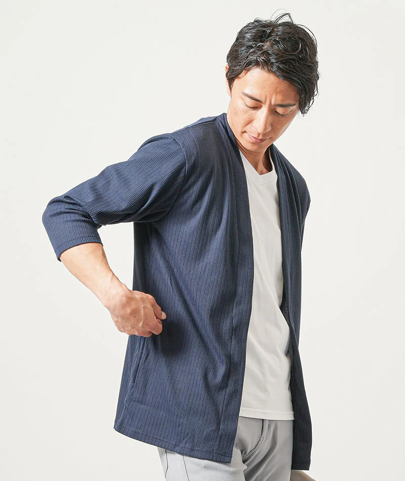 膨れストライプ夏薄手7分袖ボタンレスセミロングカーディガン - Image 3