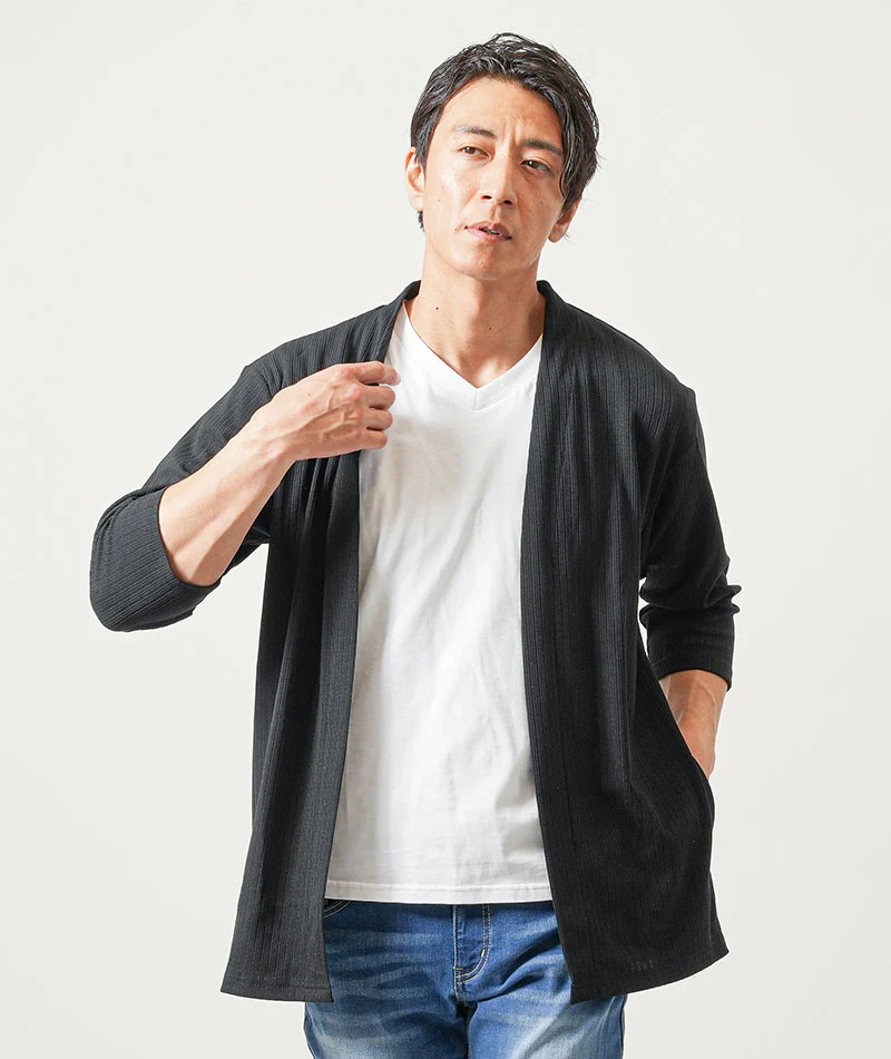膨れストライプ夏薄手7分袖ボタンレスセミロングカーディガン - Image 5