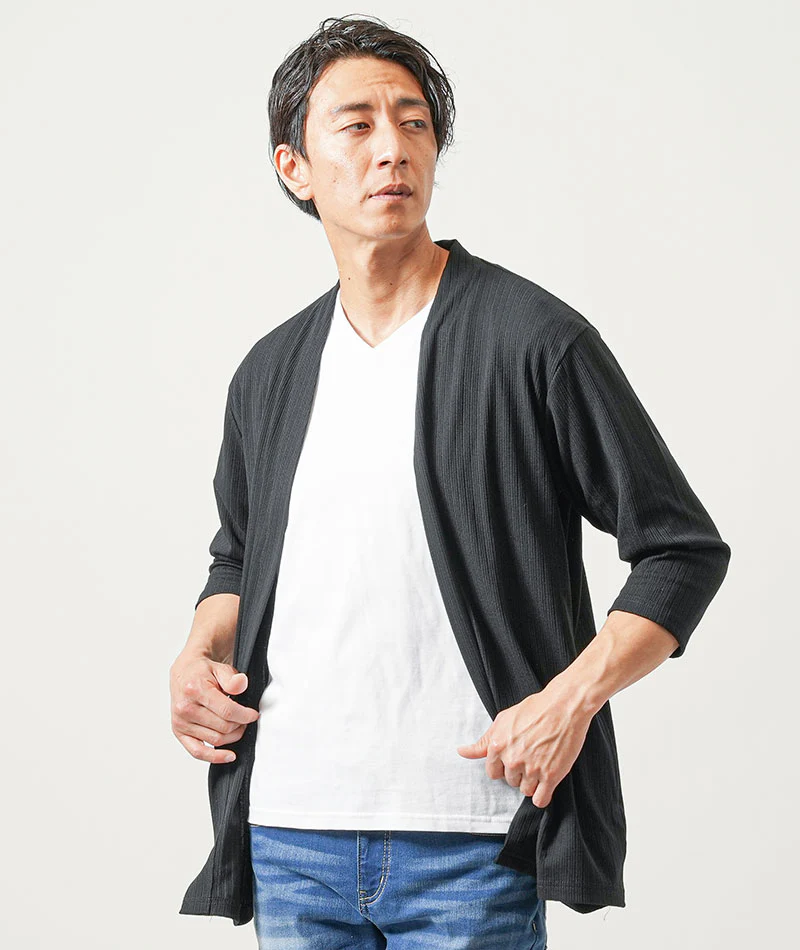 膨れストライプ夏薄手7分袖ボタンレスセミロングカーディガン - Image 9