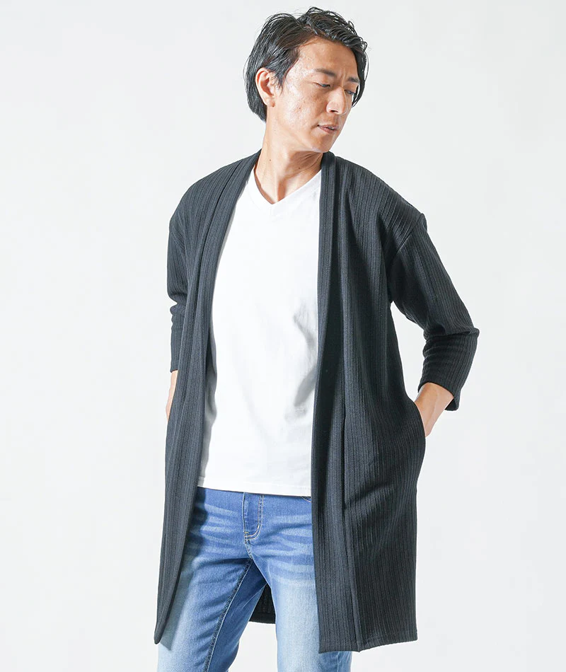 ストライプヘリンボーン夏薄手7分袖ボタンレスロングカーディガン - Image 3