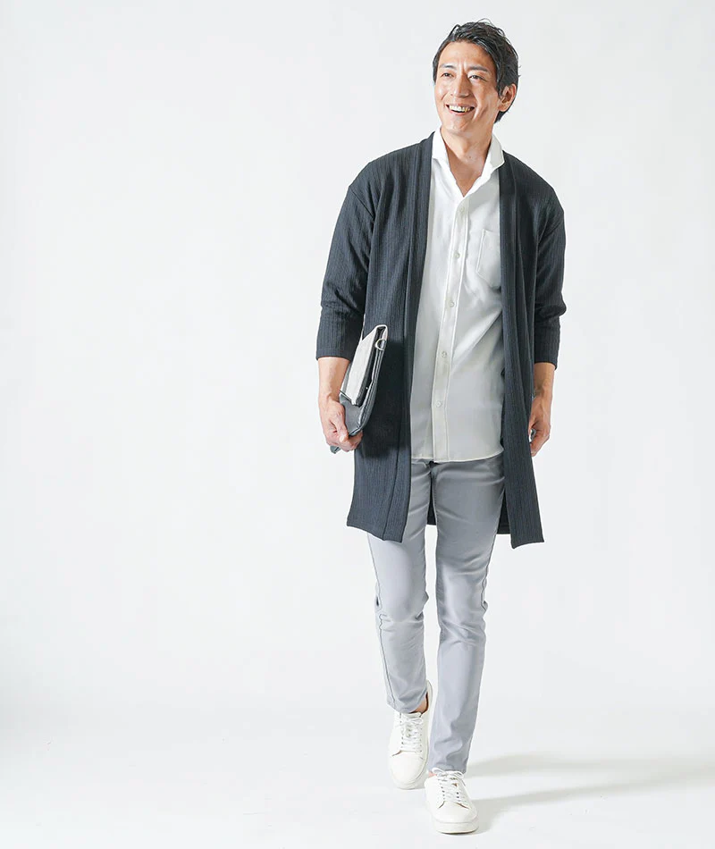 ストライプヘリンボーン夏薄手7分袖ボタンレスロングカーディガン - Image 8