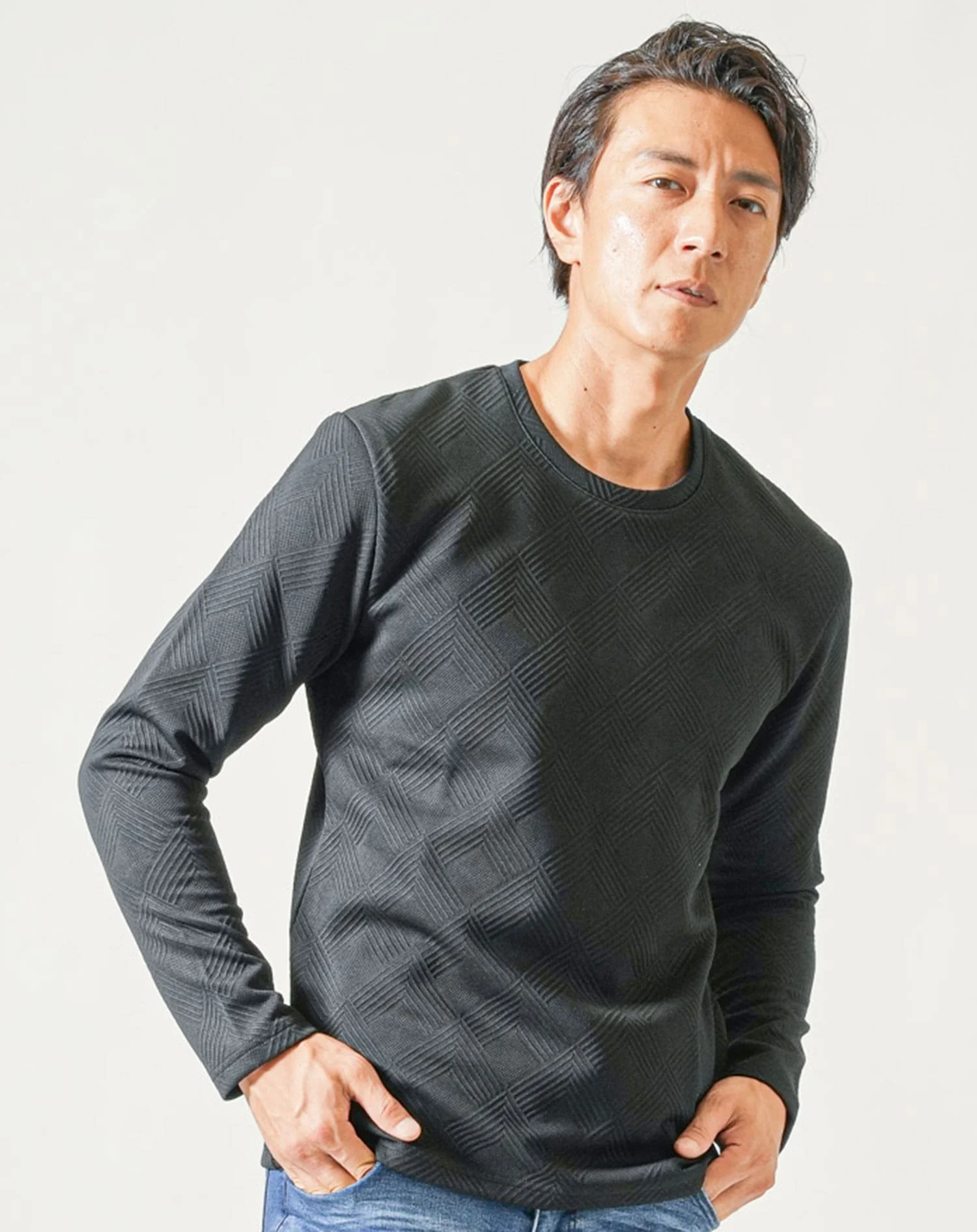 幾何学柄ストレッチ長袖クルーネックTシャツ - Image 6