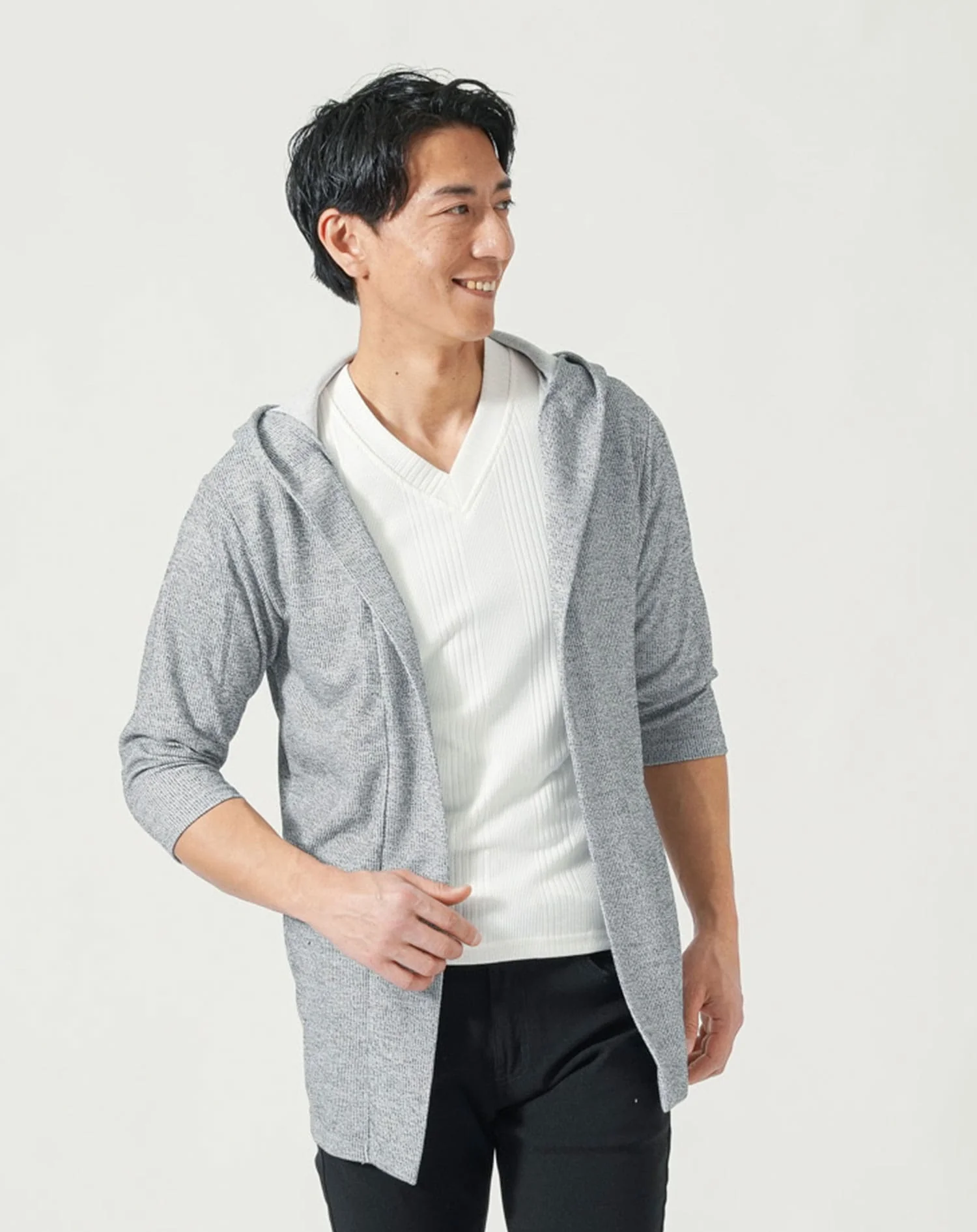 スモールジャガード7分袖ロングフーディガン - Image 3