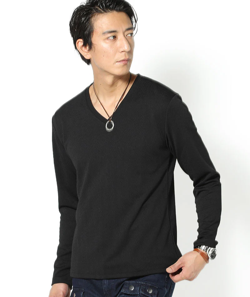 ヘリンボーンデザイン長袖VネックTシャツ - Image 15