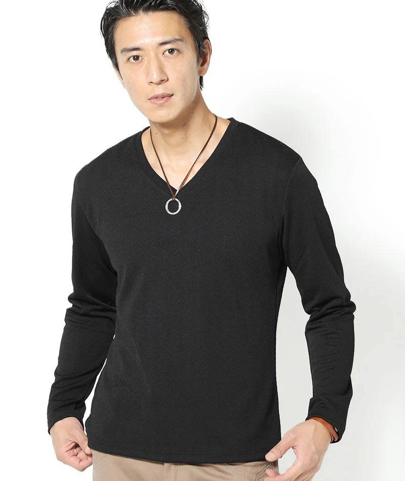 ヘリンボーンデザイン長袖VネックTシャツ - Image 18
