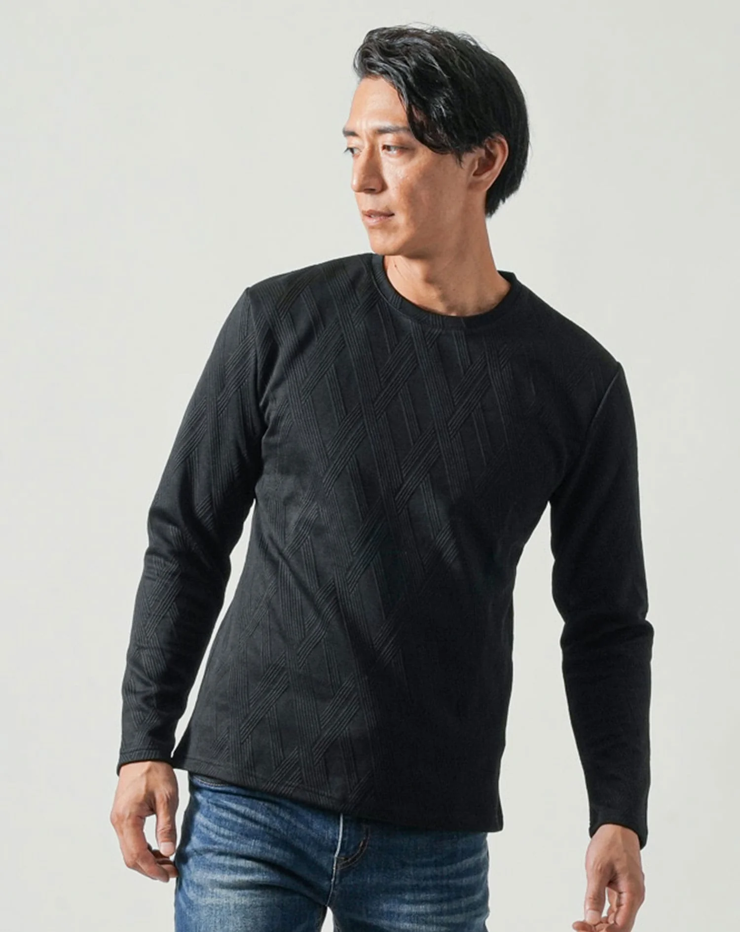 膨れバイアスジャガード長袖クルーネックTシャツ - Image 6