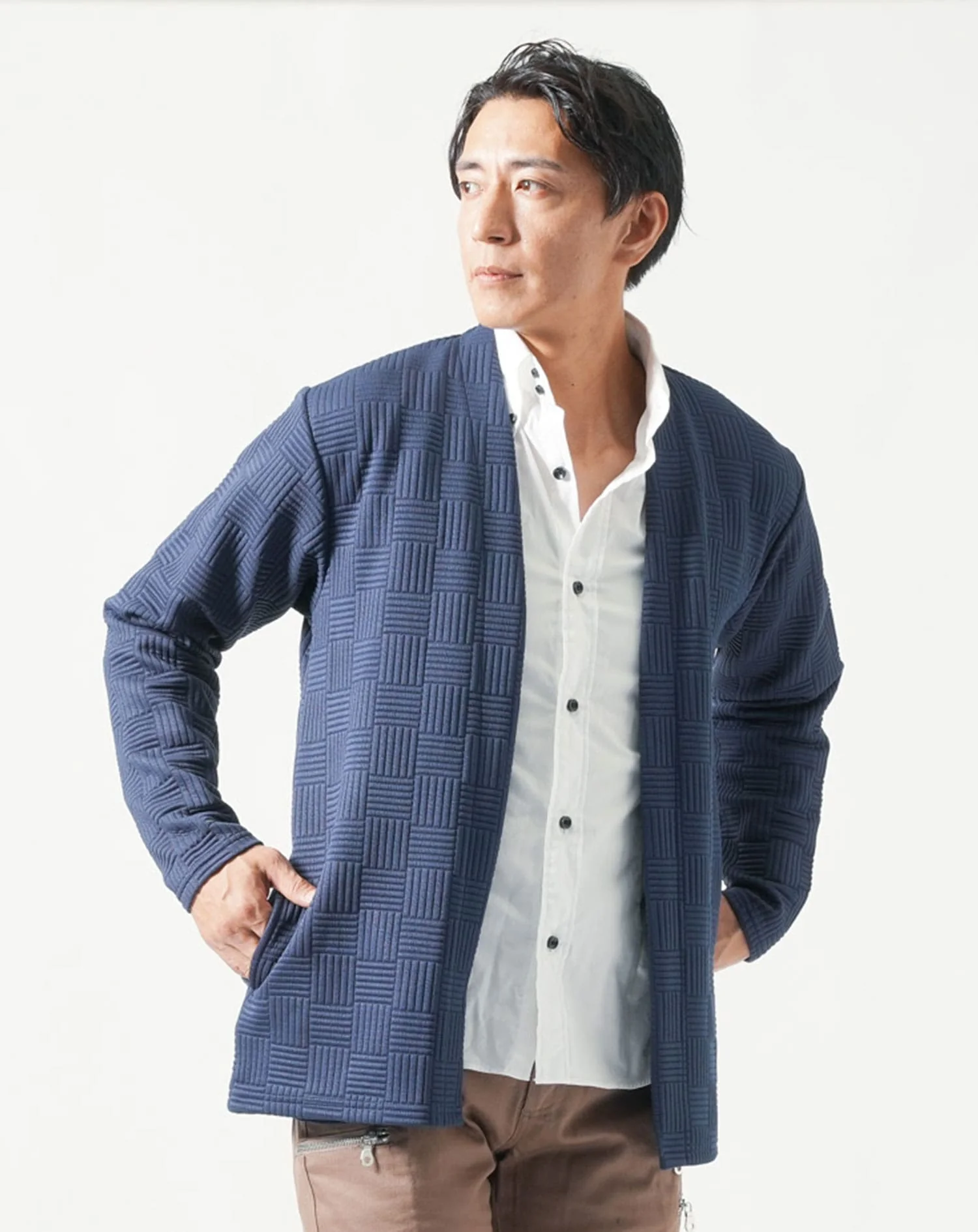 キルティングチェック長袖ボタンレスカーディガン - Image 12