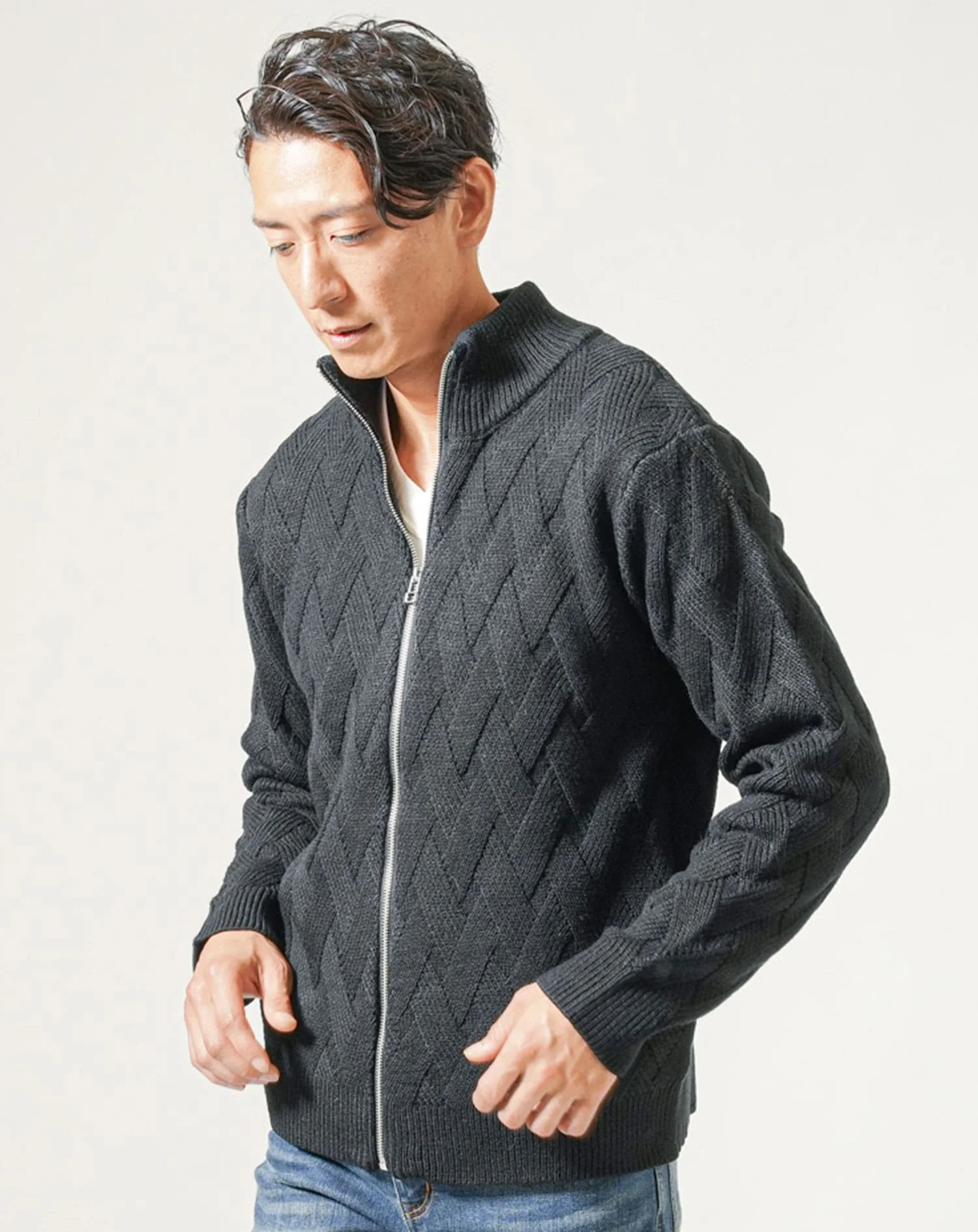 バスケット編みジップアップスタンドカラーニットアウター - Image 9