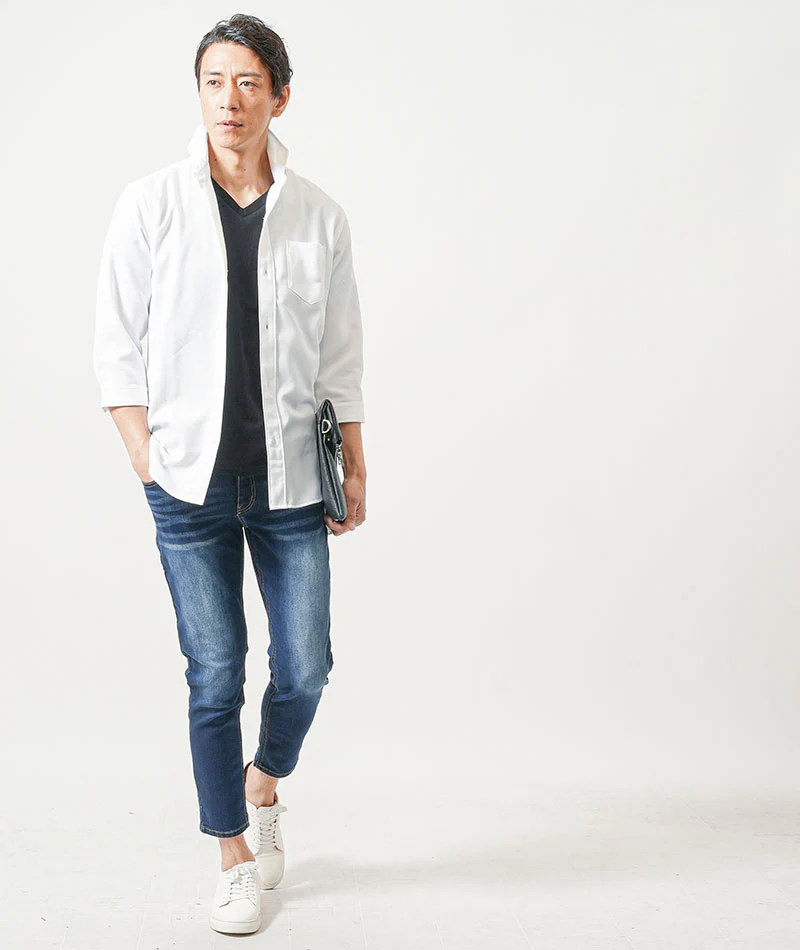 ちょいワル・イケオジメンズ接触冷感3点コーデセット　白7分袖シャツ×黒半袖Tシャツ×インディゴアンクルデニムパンツ - Image 3