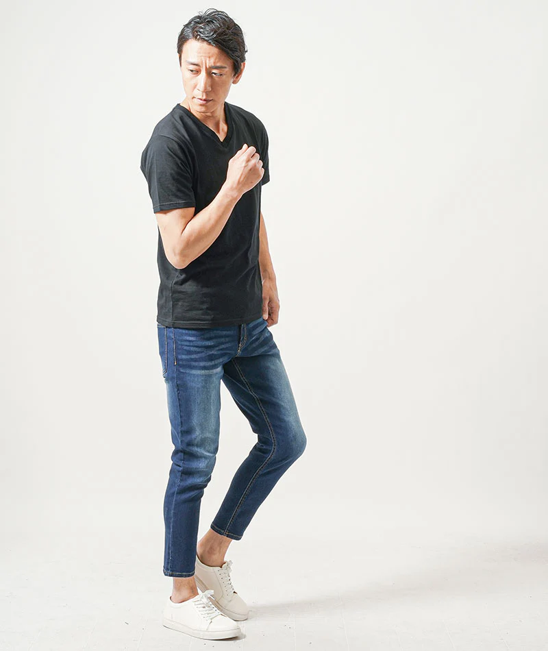 ちょいワル・イケオジメンズ接触冷感3点コーデセット　白7分袖シャツ×黒半袖Tシャツ×インディゴアンクルデニムパンツ - Image 5