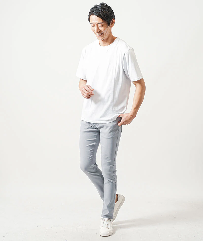 ちょいワル・イケオジメンズ3点コーデセット　黒半袖バンドカラーシャツ×白半袖Tシャツ×グレースリムチノパンツ - Image 11