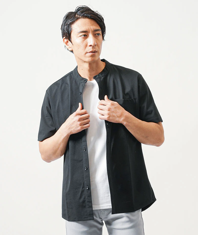 ちょいワル・イケオジメンズ3点コーデセット　黒半袖バンドカラーシャツ×白半袖Tシャツ×グレースリムチノパンツ - Image 12