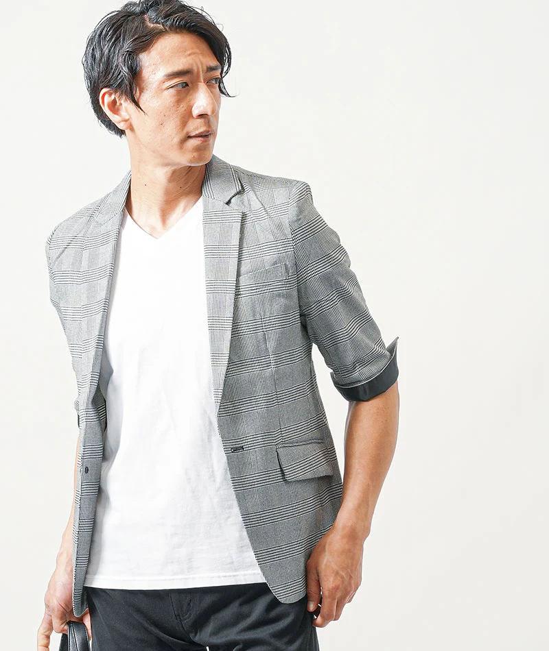 ちょいワル・イケオジメンズ3点コーデセット　グレンチェック5分袖テーラードジャケット×白半袖Tシャツ×黒スリムチノパンツ - Image 12