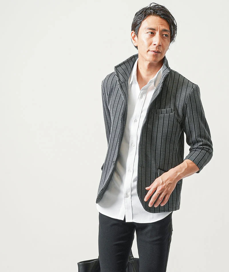ちょいワル・イケオジメンズ3点コーデセット　グレー7分袖ジャケット×白7分袖シャツ×黒スリムチノパンツ - Image 10