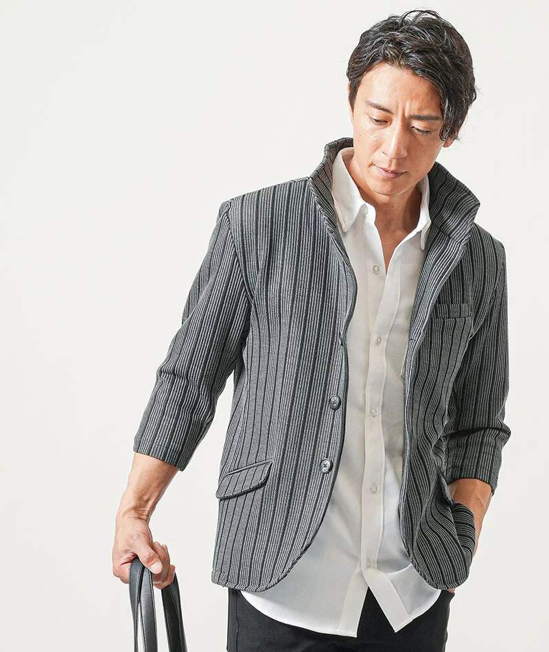 ちょいワル・イケオジメンズ3点コーデセット　グレー7分袖ジャケット×白7分袖シャツ×黒スリムチノパンツ - Image 6