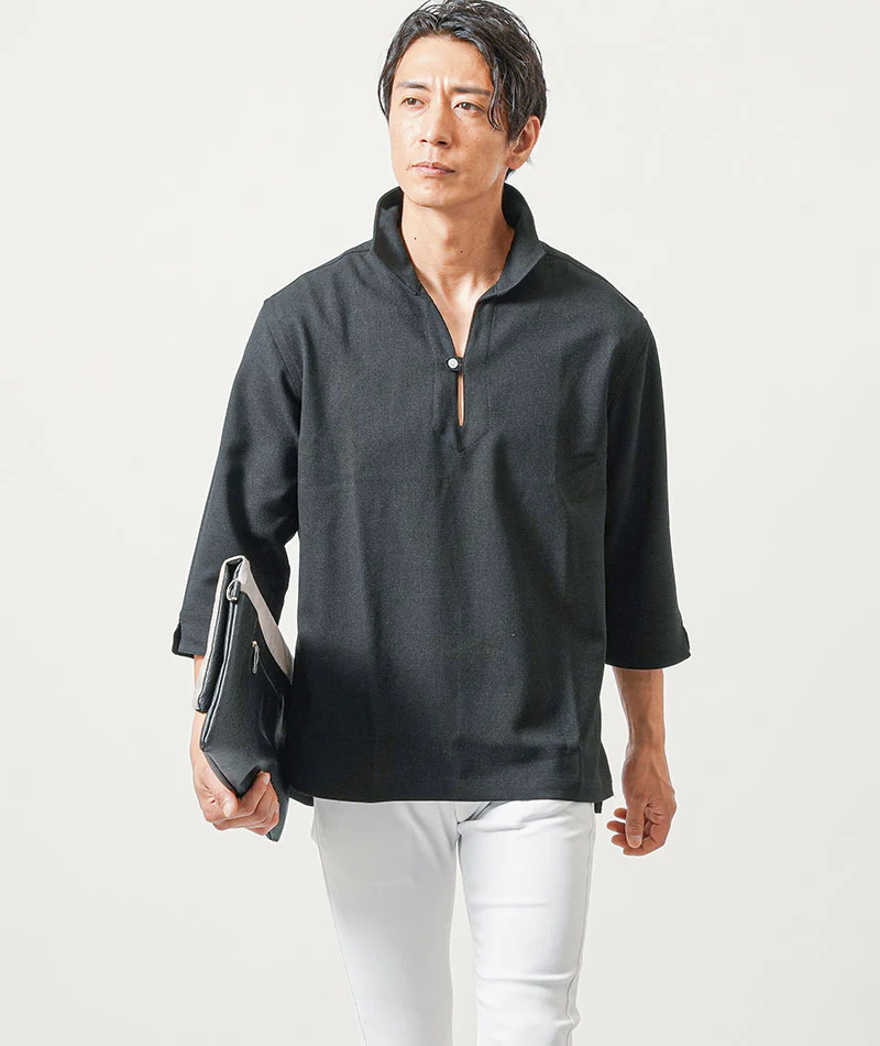 ちょいワル・イケオジメンズ2点コーデセット　黒7分袖カプリシャツ×白スリムチノパンツ - Image 10