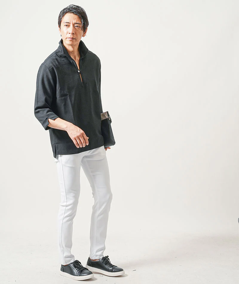 ちょいワル・イケオジメンズ2点コーデセット　黒7分袖カプリシャツ×白スリムチノパンツ - Image 9