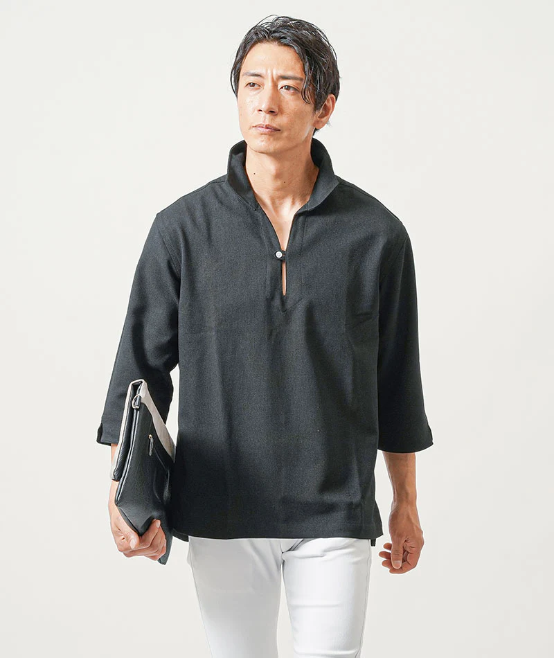 ちょいワル・イケオジメンズ3点コーデセット　黒7分袖シャツ×黒7分袖カプリシャツ×白アンクルチノパンツ - Image 5