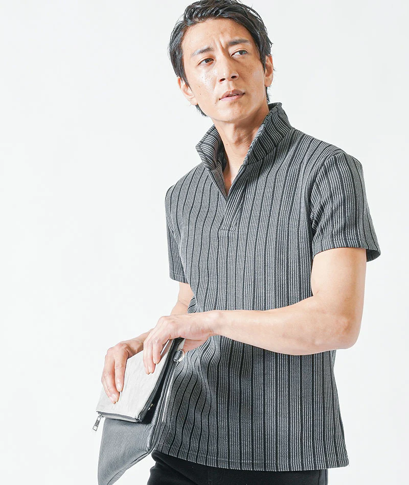 ちょいワル・イケオジメンズ夏の3点コーデセット　白7分袖カプリシャツ×グレー半袖ポロシャツ×黒スリムチノパンツ - Image 13